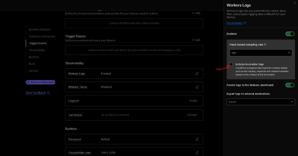 Screenshot of the Cloudflare Workers dashboard with the Include Invocation Logs option turned off.